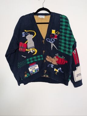 Vintage Sweater Loft Novelty Cardigan Large Sewing Craft Knit Made USA